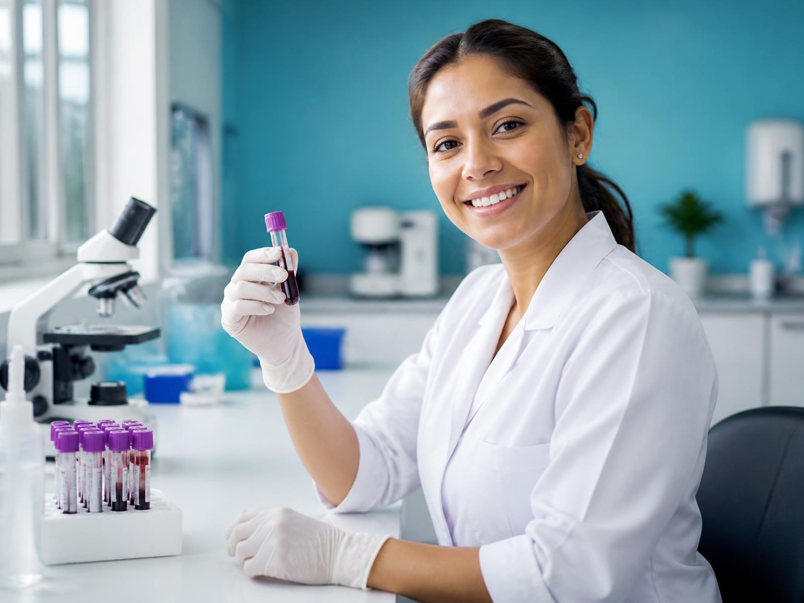 Profissional do Laboratório BioCruz segurando um tubo de coleta de sangue no laboratório